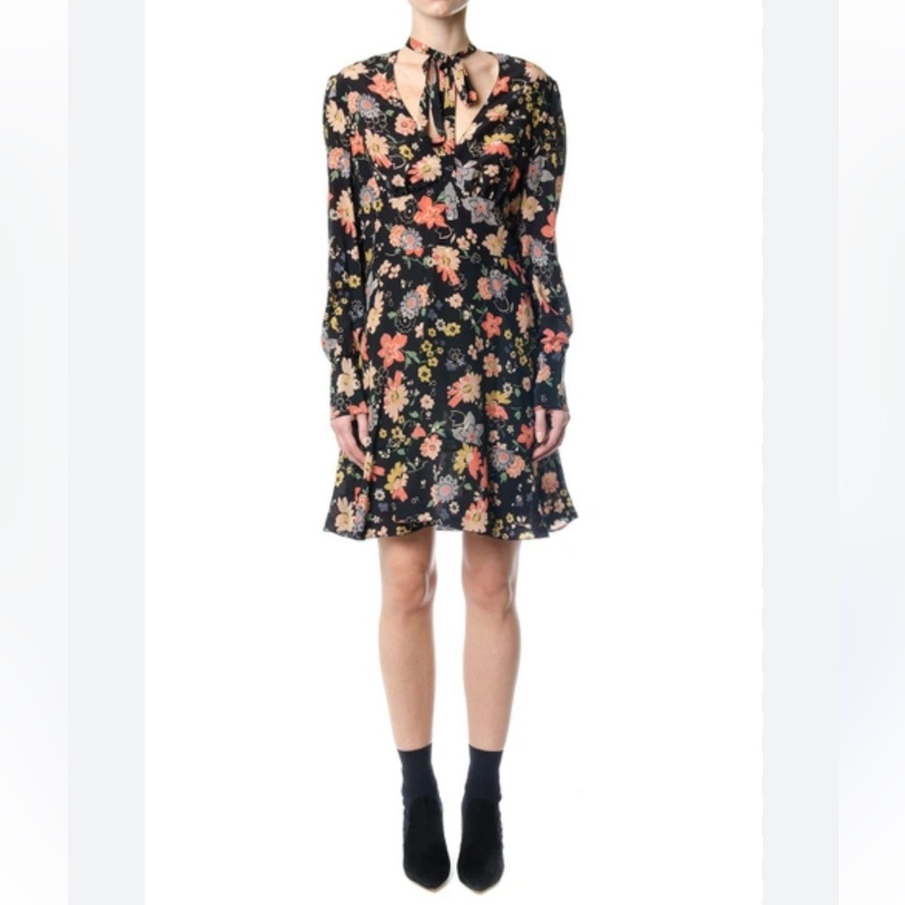Red Valentino Chelsea Floral Printed Silk Mini Dress 38 Long Sleeves V Neckline